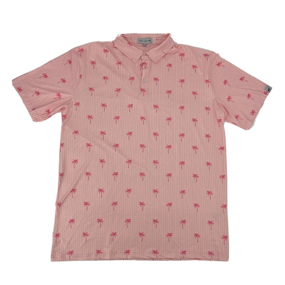 Proud Ninety Shirt Mens 2XL Pink White Stripes Short Sleeve Polo Golf Palm Trees